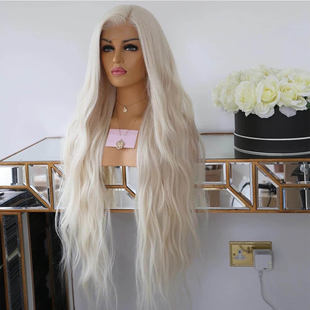 Platinum Blonde Wavy Human Hair Wig For Women Ice White HD Transparent Lace Wig Pre Plucked Remy Hair full lace wig 28inches#150