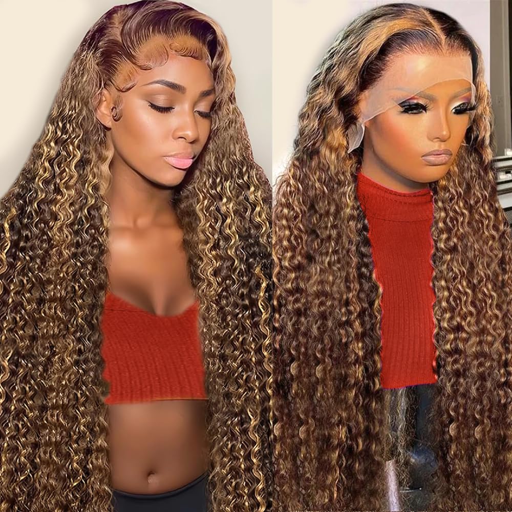 Highlight Ombre 13x6 Lace Front Wig Human Hair Deep Wave Honey Blonde Glueless HD Transparent Lace Frontal Wigs for Women 180 Density Human Hair (highlight ombre deep wave, 34 inch)