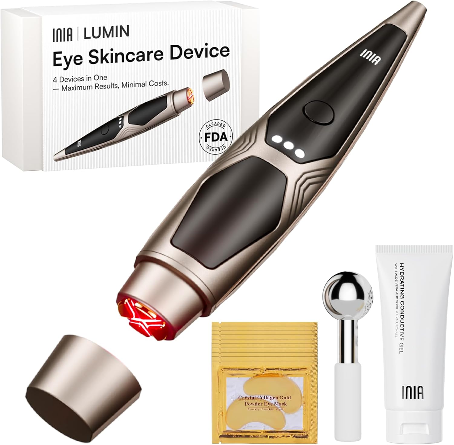 INIA Under-Eye Red Light Therapy for Face, 4-in-1 Beauty Device with Heat, Vibration, Massage & Red Light for Dark Circles, Puffiness & Skin Firming  Enhances Skincare Routine